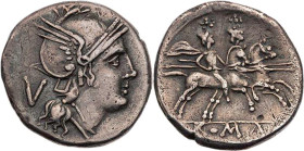 RÖMISCHE REPUBLIK
Anonym, 211-208 v. Chr. AR-Quinar unsichere Mzst. Vs.: Kopf der Roma mit geflügeltem Helm n. r., dahinter V, Rs.: Dioskuren reiten ...