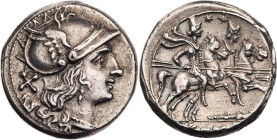 RÖMISCHE REPUBLIK
Anonym, 208 v. Chr. AR-Denar italische Mzst. Vs.: Kopf der Roma mit geflügeltem Helm n. r., dahinter X, Rs.: Dioskuren reiten mit a...