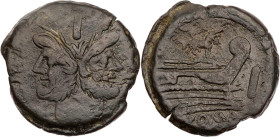 RÖMISCHE REPUBLIK
Anonym, 169-158 v. Chr. AE-As Rom Vs.: bärtiger Ianuskopf mit Lorbeerkranz, oben Wertzeichen I, Rs.: Prora n. r., darüber Esel n. r...