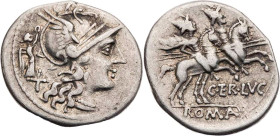 RÖMISCHE REPUBLIK
C. Terentius Lucanus, 147 v. Chr. AR-Denar Rom Vs.: Kopf der Roma mit geflügeltem Helm n. r., dahinter Victoria mit Kranz über X, R...