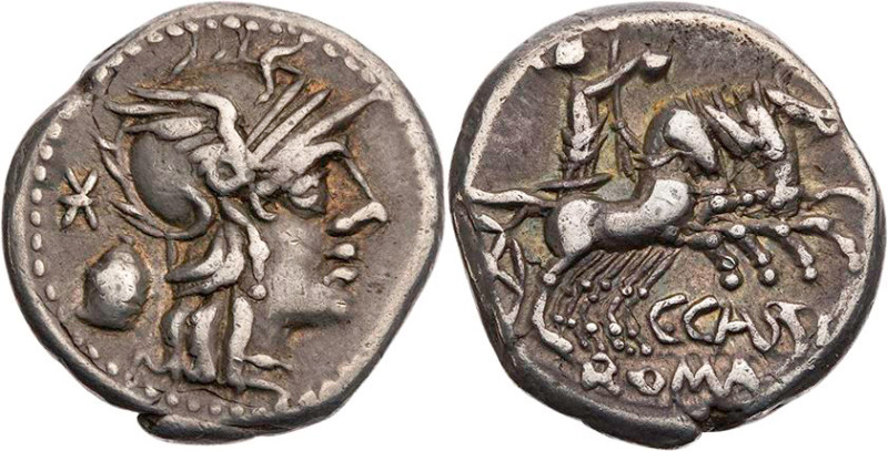 RÖMISCHE REPUBLIK
C. Cassius, 126 v. Chr. AR-Denar Rom Vs.: Kopf der Roma mit g...