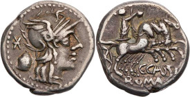 RÖMISCHE REPUBLIK
C. Cassius, 126 v. Chr. AR-Denar Rom Vs.: Kopf der Roma mit geflügeltem Helm n. r., dahinter Stimmurne und Wertzeichen, Rs.: Libert...