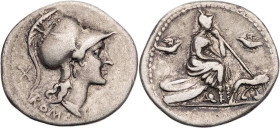 RÖMISCHE REPUBLIK
Anonym, 115/114 v. Chr. AR-Denar Rom Vs.: Kopf der Roma mit geflügeltem Helm n. r., dahinter X, darunter ROMA, Rs.: Roma sitzt auf ...