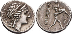 RÖMISCHE REPUBLIK
M. Herennius, 108/107 v. Chr. AR-Denar Rom Vs.: PIETAS (z. T. ligiert), Kopf der Pietas mit Diadem n. r., Rs.: M·HERENNI, Amphinomu...