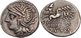 RÖMISCHE REPUBLIK
L. Appuleius Saturninus, 104 v. Chr AR-Denar Rom Vs.: Kopf der Roma mit geflügeltem Helm n. l., Rs.: Saturn mit Harpa in Quadriga n...