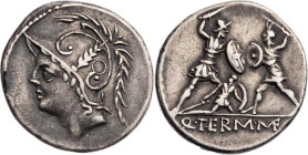 RÖMISCHE REPUBLIK
Q. Minucius Thermus, 103 v. Chr. AR-Denar Rom Vs.: Kopf des Mars mit verziertem Helm n. l., Rs.: zwei Soldaten im Kampf, der linke ...