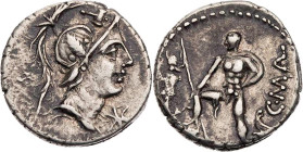 RÖMISCHE REPUBLIK
C. Poblicius Malleolus, 96 v. Chr. AR-Denar Rom Vs.: Kopf des Mars mit Helm n. r., darüber Hämmerchen (malleolus), unter dem Kinn W...