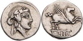 RÖMISCHE REPUBLIK
Q. Titius, 90 v. Chr. AR-Denar Rom Vs.: Kopf des Bacchus (oder Liber) mit Efeukranz und Tänie n. r., Rs.: Pegasus springt n. r., da...