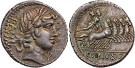 RÖMISCHE REPUBLIK
C. Vibius C.f. Pansa, 90 v. Chr. AR-Denar Rom Vs.: PANSA, Kopf des Apollo mit Lorbeerkranz n. r., unter dem Kinn Zweig, Rs.: Minerv...