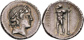 RÖMISCHE REPUBLIK
L. Marcius Censorinus, 82 v. Chr. AR-Denar Rom Vs.: Kopf des Apollo mit Lorbeerkranz n. r., Rs.: [L·]CENSOR, Marsyas steht mit Wein...