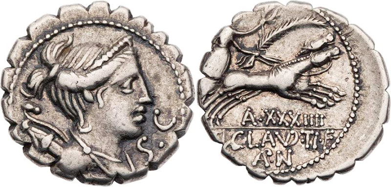 RÖMISCHE REPUBLIK
Ti. Claudius Ti. f. Ap. n. Nero, 79 v. Chr. AR-Denar (Serratu...