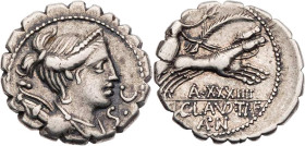 RÖMISCHE REPUBLIK
Ti. Claudius Ti. f. Ap. n. Nero, 79 v. Chr. AR-Denar (Serratus) Rom Vs.: drapierte Büste der Diana mit Diadem n. r., über der Schul...