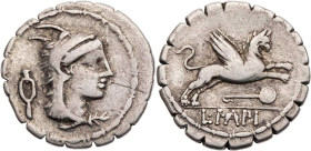 RÖMISCHE REPUBLIK
L. Papius, 79 v. Chr. AR-Denar (Serratus) Rom Vs.: Kopf der Iuno Sospita mit Ziegenfell n. r., dahinter unklares Beizeichen, Rs.: G...