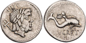 RÖMISCHE REPUBLIK
L. Lucretius Trio, 76 v. Chr. AR-Denar Rom Vs.: Kopf des Neptun mit Lorbeerkranz n. r., dahinter Dreizack, oben Kontrollzeichen III...