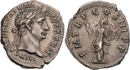 RÖMISCHE KAISERZEIT
Traianus, 98-117 n. Chr. AR-Denar 100 n. Chr. Rom Vs.: IMP CAES NERVA TRAIA-N AVG GERM, Kopf mit Lorbeerkranz n. r., Rs.: P M TR ...
