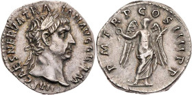 RÖMISCHE KAISERZEIT
Traianus, 98-117 n. Chr. AR-Denar 102 n. Chr. Rom Vs.: IMP CAES NERVA TRA-IAN AVG GERM, Kopf mit Lorbeerkranz n. r., Rs.: P M TR ...