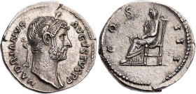 RÖMISCHE KAISERZEIT
Hadrianus, 117-138 n. Chr. AR-Denar 128-129 n. Chr. Rom Vs.: HADRIANVS AVGVSTVS P P, Kopf mit Lorbeerkranz n. r., Rs.: COS III, v...