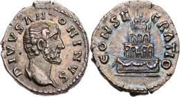 RÖMISCHE KAISERZEIT
Divus Antoninus Pius, gest. 161 n. Chr. AR-Denar nach 161 n. Chr., postum unter Marcus Aurelius Rom Vs.: DIVVS ANTONINVS, Kopf mi...