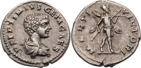 RÖMISCHE KAISERZEIT
Geta Caesar, 193-211 n. Chr. AR-Denar 202-203 n. Chr. Laodicea ad Mare Vs.: P SEPTIMIVS GETA CAES, drapierte Büste n. r., Rs.: MA...