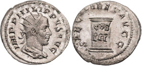 RÖMISCHE KAISERZEIT
Philippus I. Arabs, 244-249 n. Chr. AR-Antoninian 248 n. Chr. Rom Vs.: IMP PHILIPPVS AVG, gepanzerte und drapierte Büste mit Stra...