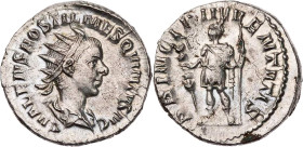 RÖMISCHE KAISERZEIT
Hostilianus Caesar, 250-251 n. Chr. AR-Antoninian 251 n. Chr. Rom Vs.: C VALENS HOSTIL MES QVINTVS N C, drapierte Büste mit Strah...
