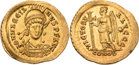RÖMISCHE KAISERZEIT
Marcianus, 450-457 n. Chr. AV-Solidus Constantinopolis Vs.: D N MARCIA-NVS P F AVG, gepanzerte Büste mit Helm, Perlendiadem, Schi...