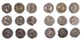 Lot, römische Münzen Denare von Tiberius, Faustina maior, Marcus Aurelius Caesar, Marcus Aurelius (3), Faustina minor, Caracalla und Geta. 9 Stück mei...