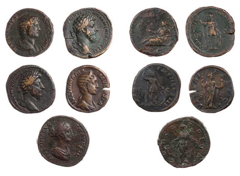 Lot, römische Münzen Sesterzen von Hadrianus, Marcus Aurelius (2), Faustina mino...