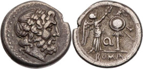 RÖMISCHE REPUBLIK
Anonym, 211-210 v. Chr. AR-Victoriat Mzst. in Apulien Vs.: Kopf des Iupiter mit Lorbeerkranz n. r., Rs.: Victoria steht n. r. und b...