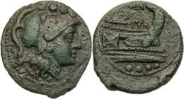 RÖMISCHE REPUBLIK
Anonym, nach 211 v. Chr. AE-Triens Rom Vs.: Kopf der Minerva mit Helm n. r., darüber vier Wertkugeln, Rs.: Prora n. r., oben [RO]MA...