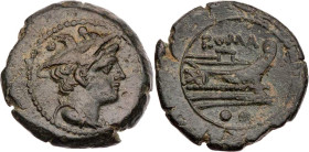 RÖMISCHE REPUBLIK
Anonym, nach 211 v. Chr. AE-Sextans Rom Vs.: drapierte Büste des Mercurius mit Petasus n. r., darüber zwei Wertkugeln, Rs.: Prora n...