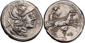 RÖMISCHE REPUBLIK
Anonym, 189-180 v. Chr. AR-Denar Rom Vs.: Kopf der Roma mit geflügeltem Helm n. r., dahinter X, Rs.: Luna in Biga n. r., darunter T...
