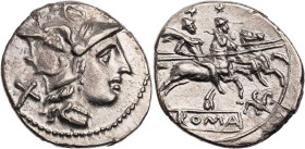 RÖMISCHE REPUBLIK
Anonym, 169-158 v. Chr. AR-Denar Rom Vs.: Kopf der Roma mit geflügeltem Helm n. r., dahinter X, Rs.: Dioskuren reiten mit angelegte...