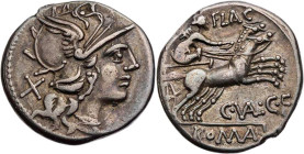 RÖMISCHE REPUBLIK
C. Valerius Flaccus, 140 v. Chr. AR-Denar Rom Vs.: Kopf der Roma mit geflügeltem Helm n. r., dahinter X, Rs.: Victoria in Biga n. r...
