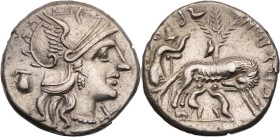 RÖMISCHE REPUBLIK
Sex. Pompeius Fostlus, 137 v. Chr. AR-Denar Rom Vs.: Kopf der Roma mit geflügeltem Helm n. r., dahinter Krug, unter dem Kinn X, Rs....
