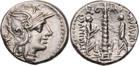 RÖMISCHE REPUBLIK
Ti. Minucius C. f. Augurinus, 134 v. Chr. AR-Denar Rom Vs.: Kopf der Roma mit geflügeltem Helm n. r., dahinter Wertzeichen, Rs.: TI...