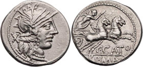 RÖMISCHE REPUBLIK
C. Porcius Cato, 123 v. Chr. AR-Denar Rom Vs.: Kopf der Roma mit geflügeltem Helm n. r., dahinter X, Rs.: Victoria mit Peitsche in ...