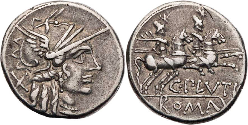 RÖMISCHE REPUBLIK
C. Plutius, 121 v. Chr. AR-Denar Rom Vs.: Kopf der Roma mit g...