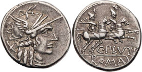 RÖMISCHE REPUBLIK
C. Plutius, 121 v. Chr. AR-Denar Rom Vs.: Kopf der Roma mit geflügeltem Helm n. r., dahinter X, Rs.: Dioskuren reiten mit angelegte...
