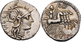 RÖMISCHE REPUBLIK
M. Tullius, 120 v. Chr. AR-Denar Rom Vs.: Kopf der Roma mit geflügeltem Helm n. r., dahinter ROMA, Rs.: Victoria mit Palmzweig in Q...