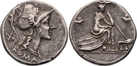 RÖMISCHE REPUBLIK
Anonym, 115/114 v. Chr. AR-Denar Rom Vs.: Kopf der Roma mit geflügeltem Helm n. r., dahinter X, unten ROMA, Rs.: Roma sitzt auf Sch...