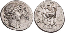 RÖMISCHE REPUBLIK
Mn. Aemilius Lepidus, 114/113 v. Chr. AR-Denar Rom Vs.: ROMA (z. T. ligiert), Kopf der Roma mit Diadem und Lorbeerkranz n. r., dahi...