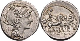 RÖMISCHE REPUBLIK
Appius Claudius Pulcher, T. Manlius Mancinus, Q. Urbinius, 111/110 v. Chr. AR-Denar Rom Vs.: Kopf der Roma mit geflügeltem Helm n. ...
