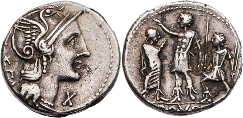 RÖMISCHE REPUBLIK
P. Porcius Laeca, 110/109 v. Chr. AR-Denar Rom Vs.: [P L]AECA...