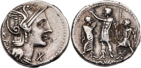 RÖMISCHE REPUBLIK
P. Porcius Laeca, 110/109 v. Chr. AR-Denar Rom Vs.: [P L]AECA (z. T. ligiert), Kopf der Roma mit geflügeltem Helm n. r., unter dem ...