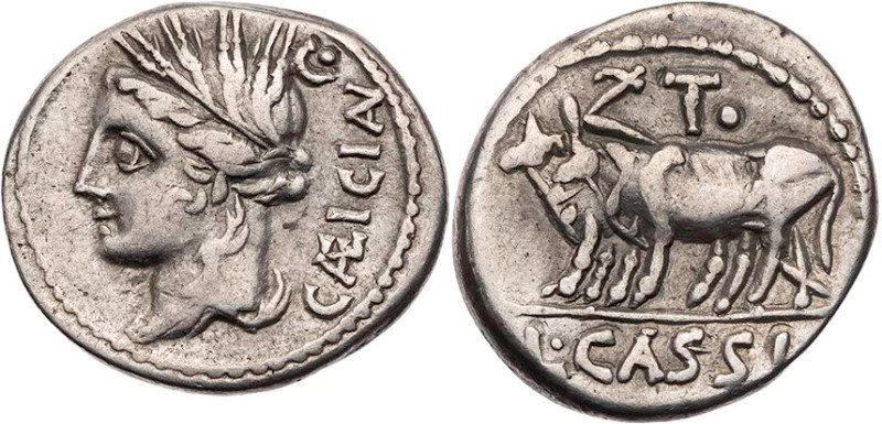 RÖMISCHE REPUBLIK
L. Cassius Caecianus, 102 v. Chr. AR-Denar Rom Vs.: CAEICIAN ...