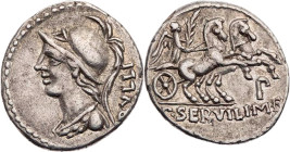 RÖMISCHE REPUBLIK
P. Servilius M. f. Rullus, 100 v. Chr. AR-Denar Rom Vs.: RVLLI, Büste der Minerva mit Helm und Ägis n. l., Rs.: Victoria mit Palmzw...