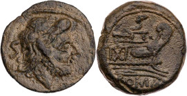 RÖMISCHE REPUBLIK
Anonym, ca. 91 v. Chr. AE-Semis zeitgenössische Imitiation? Vs.: Kopf des Saturn mit Lorbeerkranz n. r., dahinter Wertzeichen S, Rs...