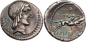 RÖMISCHE REPUBLIK
L. Calpurnius Piso Frugi, 90 v. Chr. AR-Denar Rom Vs.: Kopf des Apollo mit Lorbeerkranz n. r., dahinter Kontrollzeichen Schmetterli...