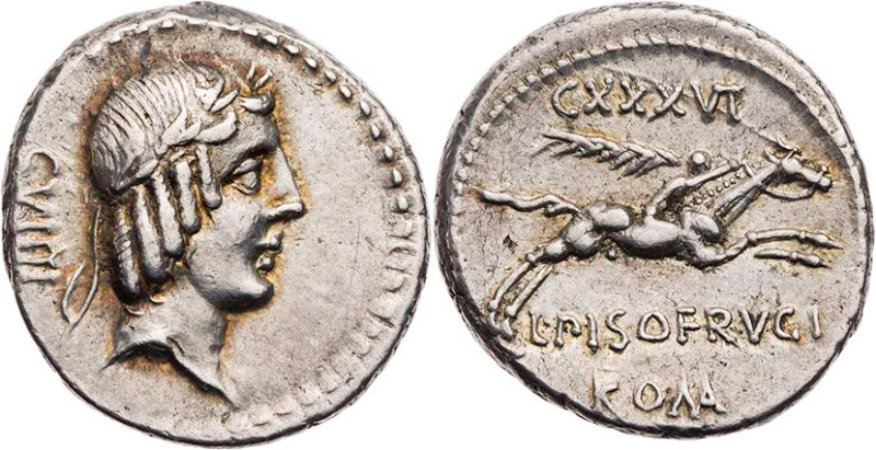 RÖMISCHE REPUBLIK
L. Calpurnius Piso Frugi, 90 v. Chr. AR-Denar Rom Vs.: Kopf d...